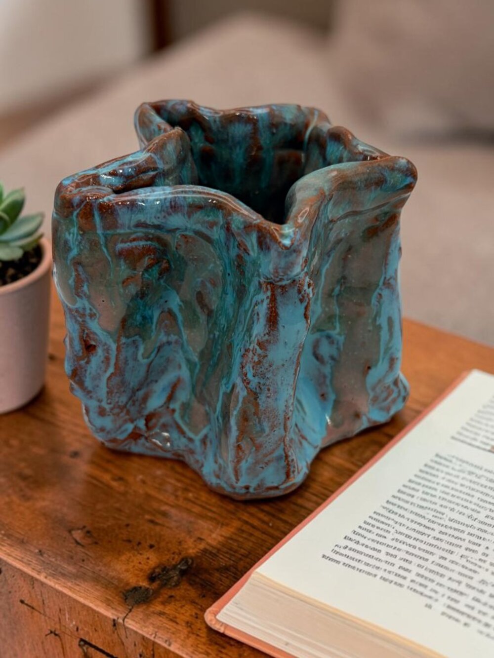 Signed SWBE Studio Pottery Drip Glaze Vase Planter Vessel–Blue Brown Organic Art